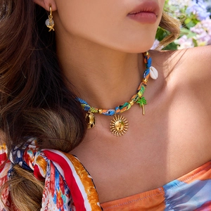 18K gold stainless steel jewelry set with colorful fabric cord and summer charms