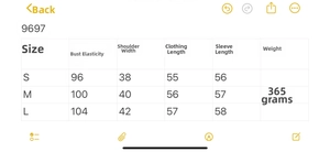 Size chart for women's contrast knit sweater showing bust, shoulder, length, and weight
