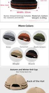 Detailierte Größentabelle und Rückansicht der gestreiften Strickmütze für Herbst und Winter