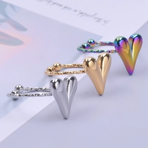 Minimalist stainless steel heart open ring in silver, gold, and rainbow finishes