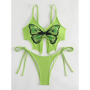 Detail of green two-piece bikini featuring butterfly print and adjustable side ties