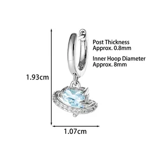Silver star planet earring with blue zircon, size dimensions 1.93cm height and 1.07cm width
