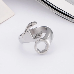 Creative wrench-shaped titanium steel ring for men and women in polished silver finish