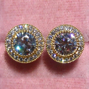 Elegant halo stud earrings with round brilliant-cut zircon and milgrain gold finish