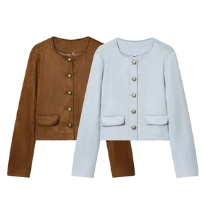 Women Suede Short Jacket Round Neck Single Breasted Metal Button Retro Flap Pocket Slim Fit Elegant Outerwear Coats