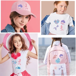 Mermaid tail and seashell embroidered patches on pink sun hat and white T-shirt