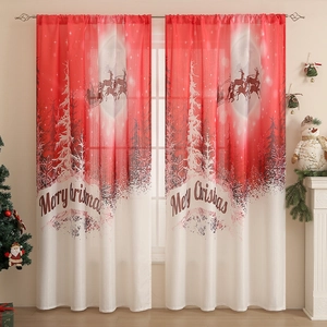 Christmas Curtains Polyester Semi Blackout Rod Pocket Printed Santa Reindeer Snowman Xmas Tree Festive Home Decor