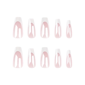 Kit de 10 faux ongles cercueil French classiques blancs avec finition rose poudré