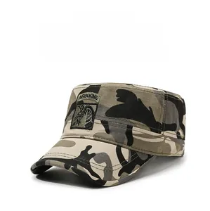 Detail showing tactical AIRBORNE embroidery on a camouflage military flat top cap