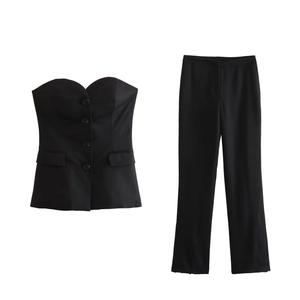 Women's 2-piece black suit set with buttoned strapless tube top and flare leg trousers
