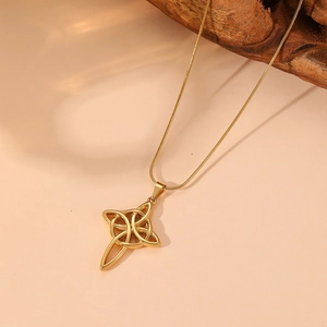 Golden stainless steel necklace with Celtic knot opal pendant and crystal accents