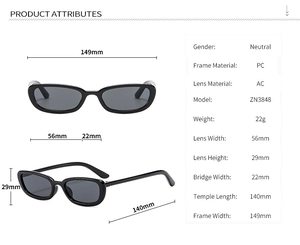 Detailed technical diagram showing dimensions of retro narrow black square sunglasses