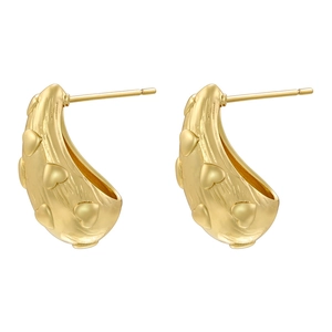 Vintage gold plated C-shaped stud earrings with heart embossing and brushed metal texture