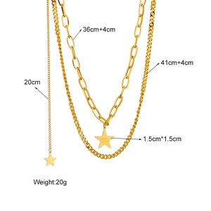 Double-layered gold titanium steel necklace with star pendant and Good Luck engraving