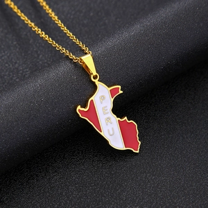Collana con ciondolo mappa del Perù vintage in acciaio inossidabile dorato e smalto