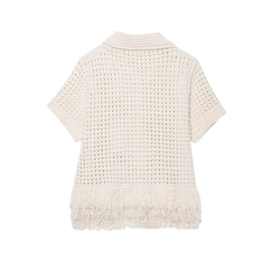 Off-white short sleeve crochet top with fringe trim and hollow out knit texture