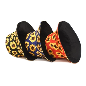Fashionable sunflower print bucket hats for men and women in black blue and red colors