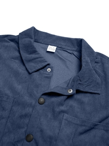 Detail of navy corduroy collar and size label on long-sleeve casual jacket set