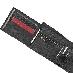 Close-up of black genuine leather wallet with multiple card slots and detailed stitching