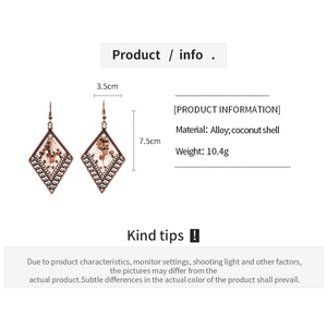 Size and material detail for bohemian coconut shell diamond shaped ethnic earrings