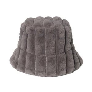 Gray faux fur bucket hat with vertical stripe texture for winter warmth and soft feel