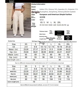 Tableau des tailles détaillé pour pantalon en jean beige à taille haute et tailles US