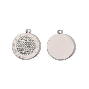 Polished stainless steel round pendant with Roman numerals and sparkling crystals