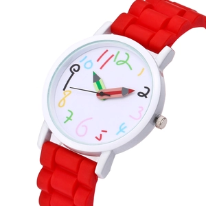 Kids quartz watch with red silicone strap and creative pencil-shaped clock hands