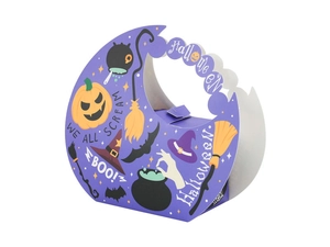 Detailed view of Halloween purple paper treat box with pumpkin and witch illustrations
