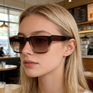 Detail of square sunglasses with brown gradient lenses and golden metal top bar accent
