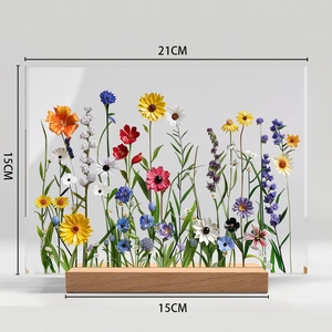 Detailed dimensions of 21x15cm acrylic floral desk ornament with natural wood base