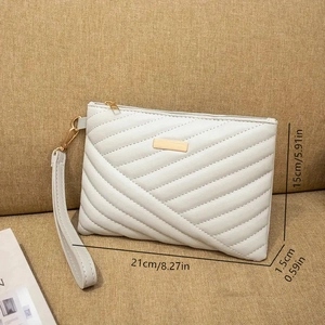 Quilted cream phone pouch with gold zipper and size markers showing dimensions