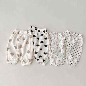 Cute baby gauze anti-mosquito long pants with cute bear, heart, floral and polka dot patterns.
