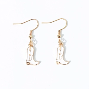 Creative western cowboy boot earrings with white enamel and golden star details