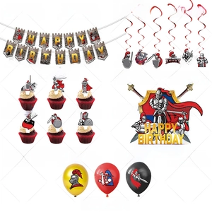 Detailed knight theme birthday set with banner, swirls, cake toppers, and latex balloons