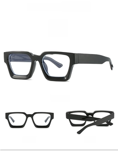 Three-angle product showcase of glossy black square anti-blue light glasses frames