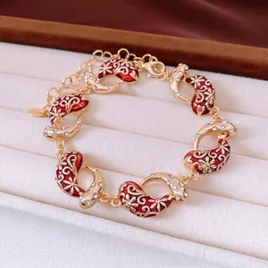 Vintage gold plated red enamel flower bracelet with zircon drop pendants and folds