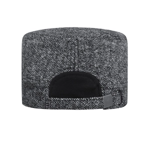 Men's winter flat top wool cap with grey herringbone pattern and adjustable metal buckle