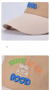 Detail of premium khaki kids baseball cap with exquisite teddy bear embroidery and stitching