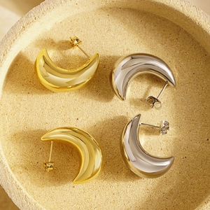 Polished hollow crescent moon stud earrings in gold and silver stainless steel