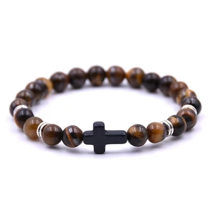 Brown tiger eye stone beaded bracelet with a black cross charm and silver metal spacers