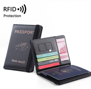 Detail of RFID blocking black PU leather passport holder with multi-card slots and aircraft icon