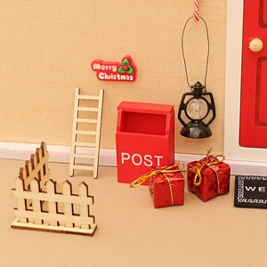 Miniature dollhouse Christmas wooden ladder red mailbox and gift boxes set