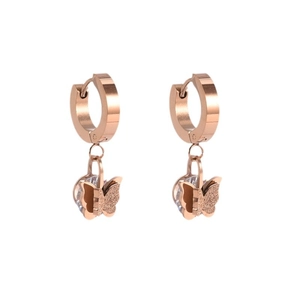 Elegant rose gold butterfly earrings with sparkling zircon drop on a clean white background