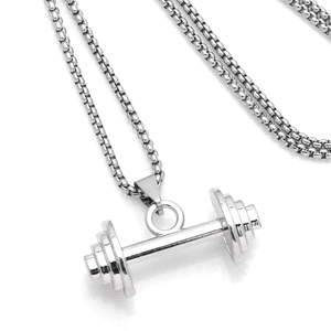 Polished silver dumbbell pendant necklace for men with a minimalist hip-hop aesthetic style