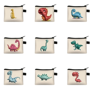 Cartoon Dinosaur Print Coin Purse Cute Polyester Zipper Small Storage Pouch For Kids Students With Side Loop Lightweight