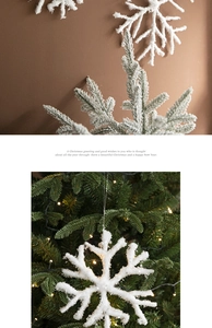 Macro detail of white sequined Christmas snowflake ornaments with hanging strings