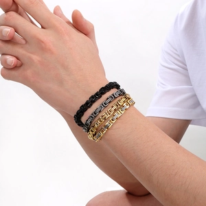 Byzantine stainless steel chain bracelets for men in black, silver and gold finishes
