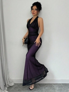 Sleeveless V-neck mermaid dress in deep purple with mesh hem and pleated waist detail