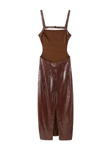 Detail showing backless sequin dress in dark brown with split hem and sleek straps